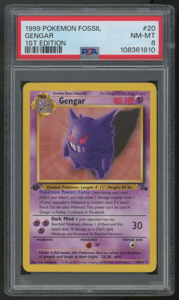 1999 Pokemon Gengar Fossil 1st Edition #20 PSA 8