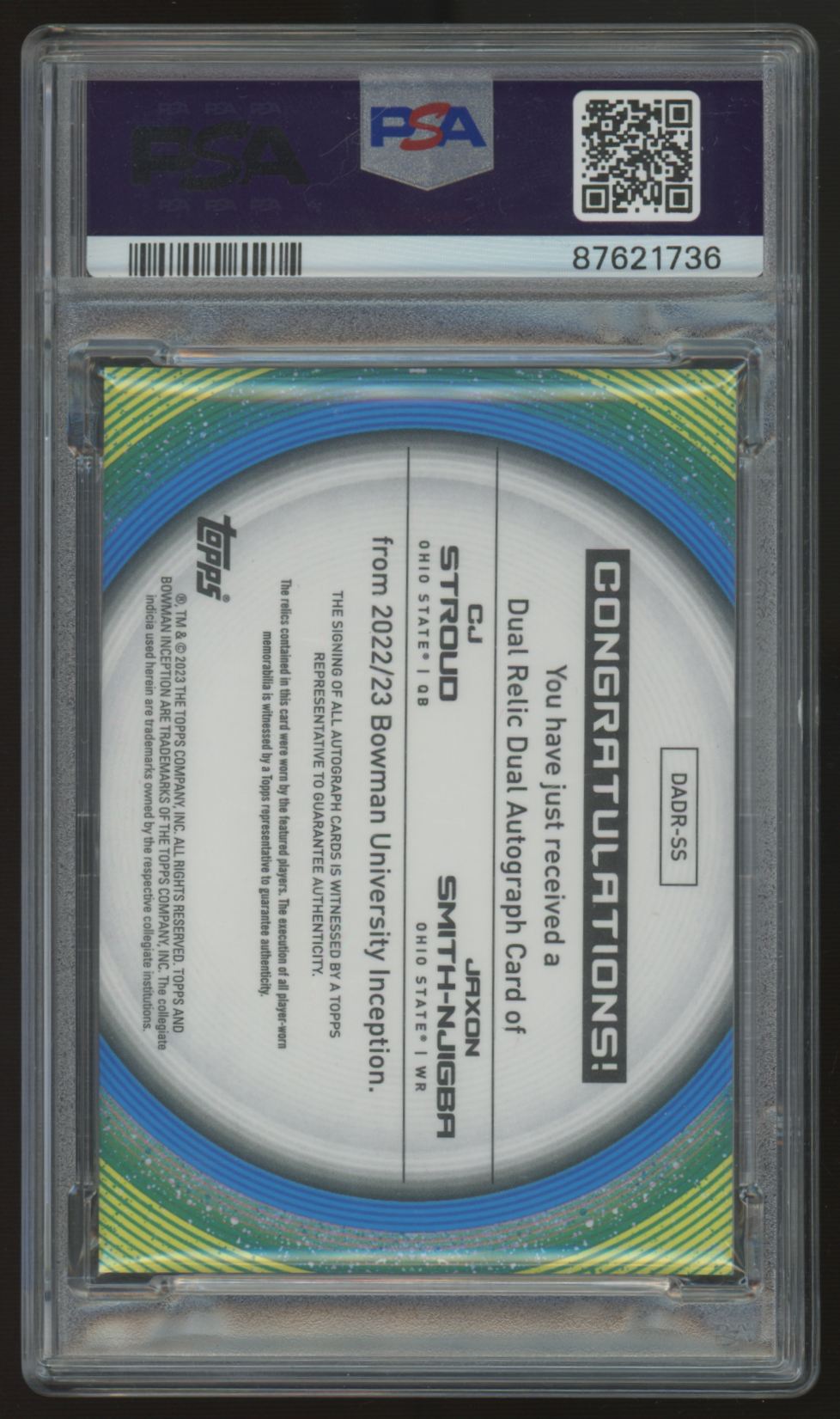 2022 Bowman U Inception CJ Stroud Jaxon Smith-Njigba Dual Relic Auto /99 PSA 10