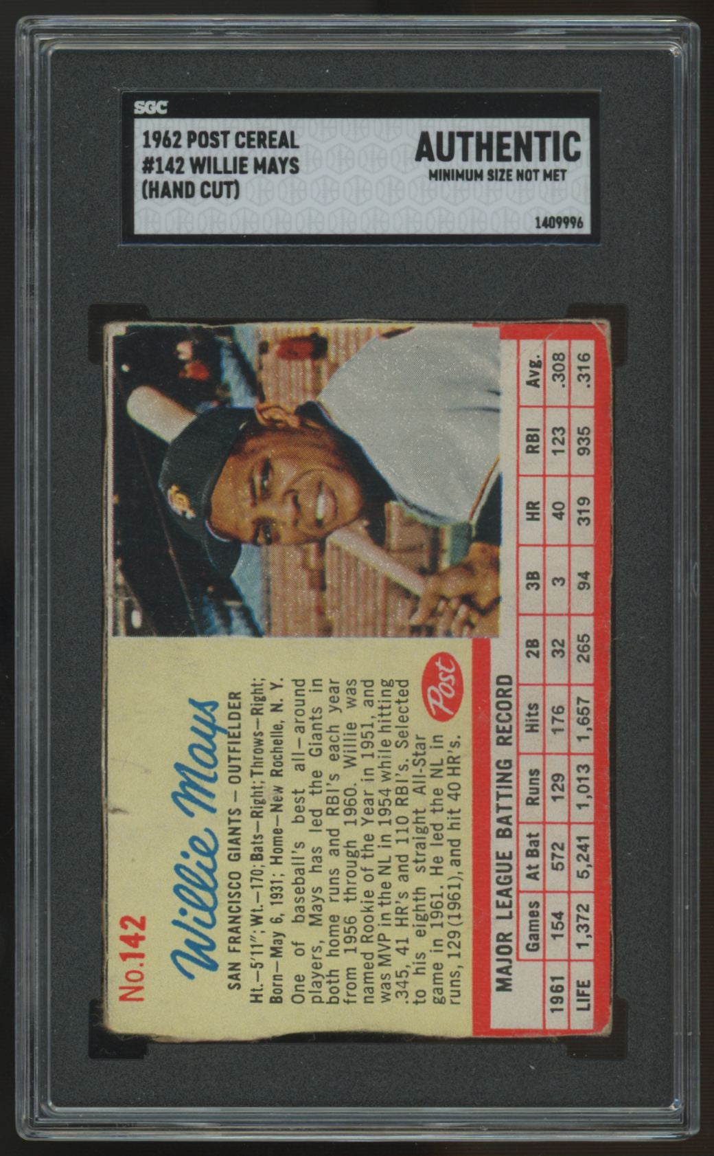 1962 Post Willie Mays Hand Cut #142 SGC Authentic Min. Size