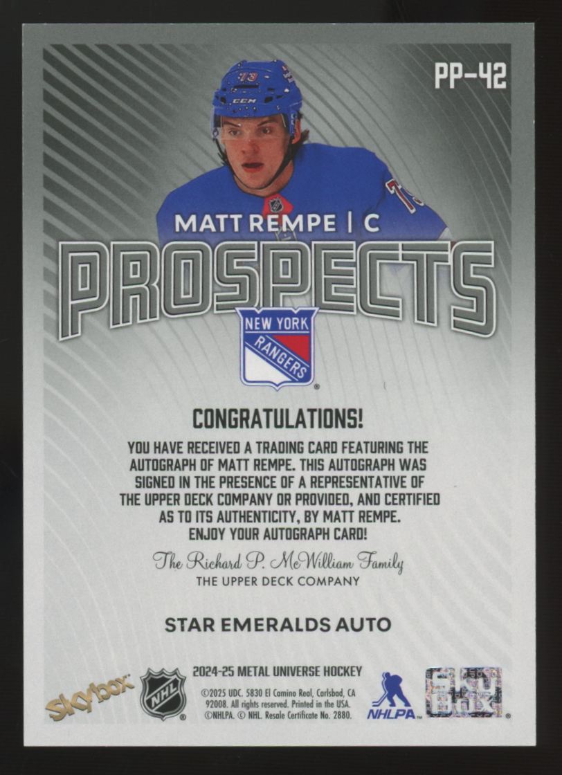 2024-25 Metal Universe Matt Rempe Premium Prospects Star Emerald Auto /25 #PP-42