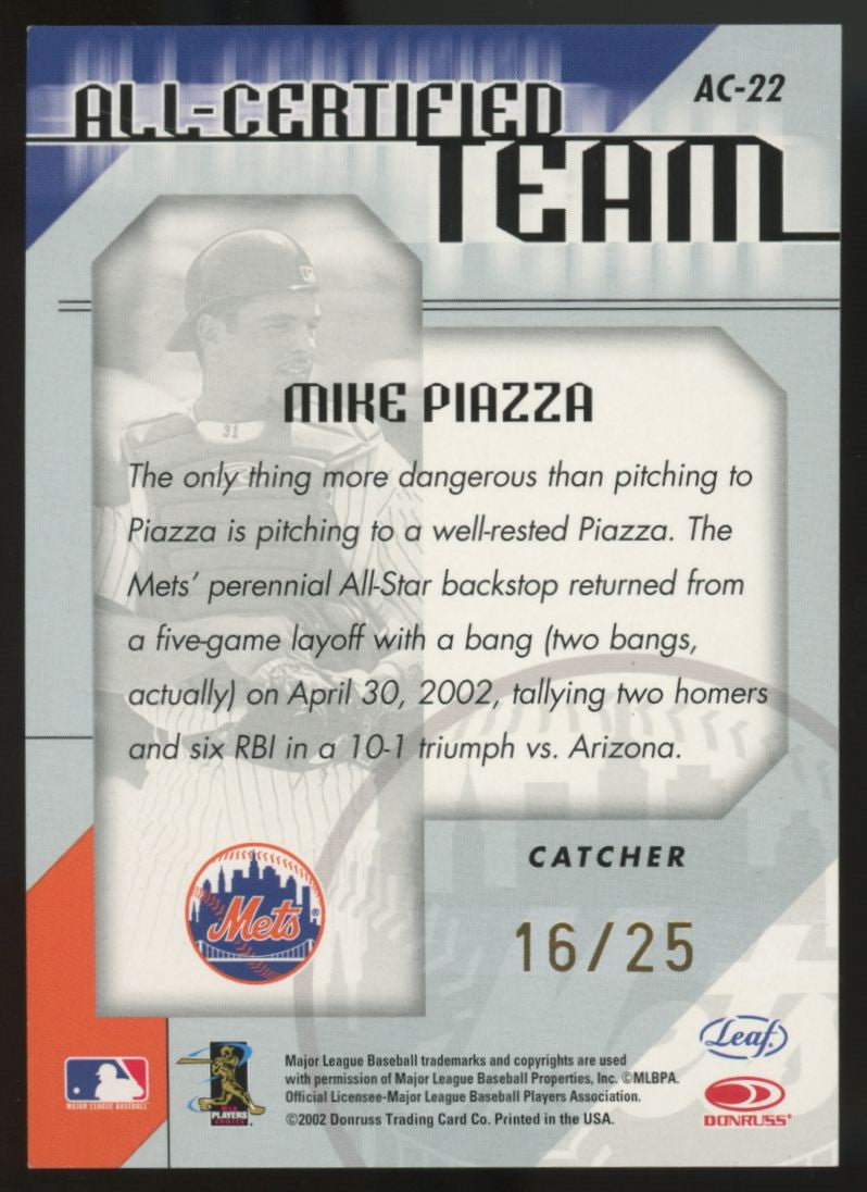 2002 Donruss Baseball Mike Piazza All-Certified Team Mirror Gold /25 #AC-22