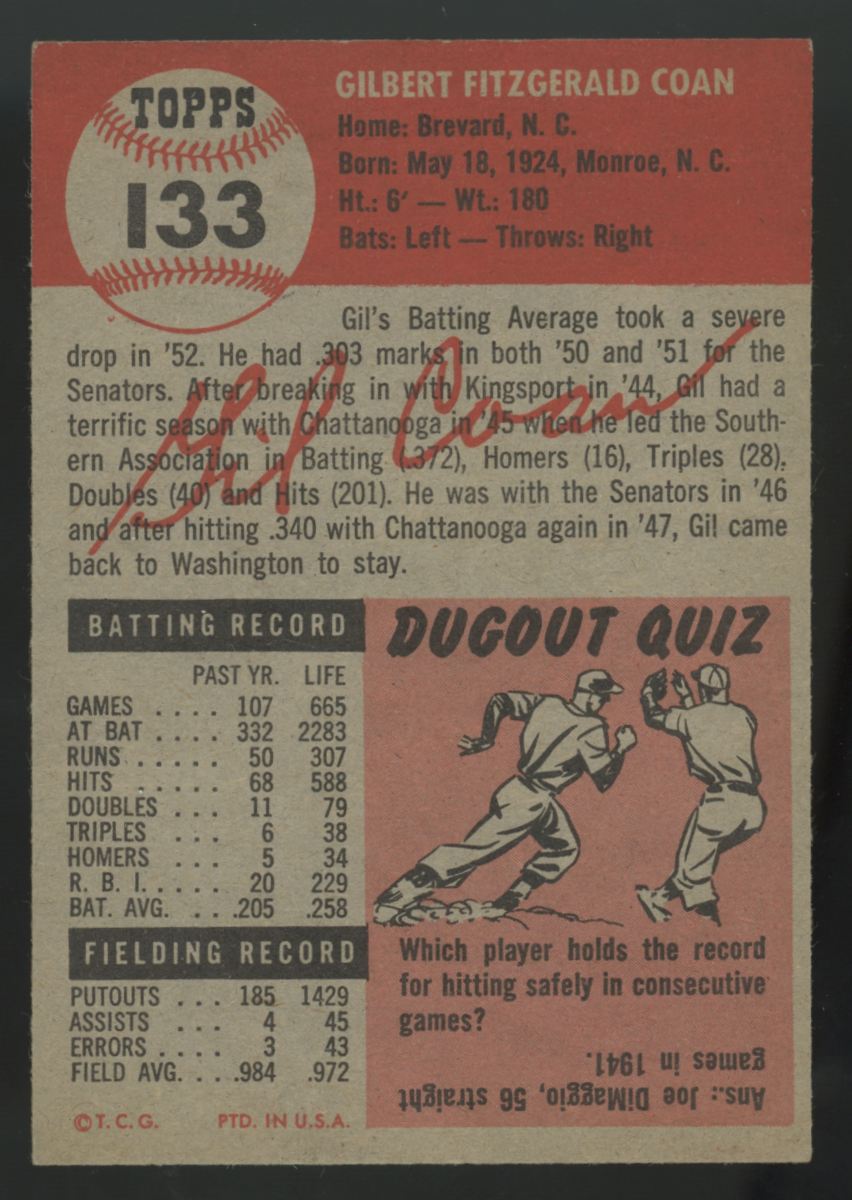 1953 Topps Gil Coan #133 EX/MT