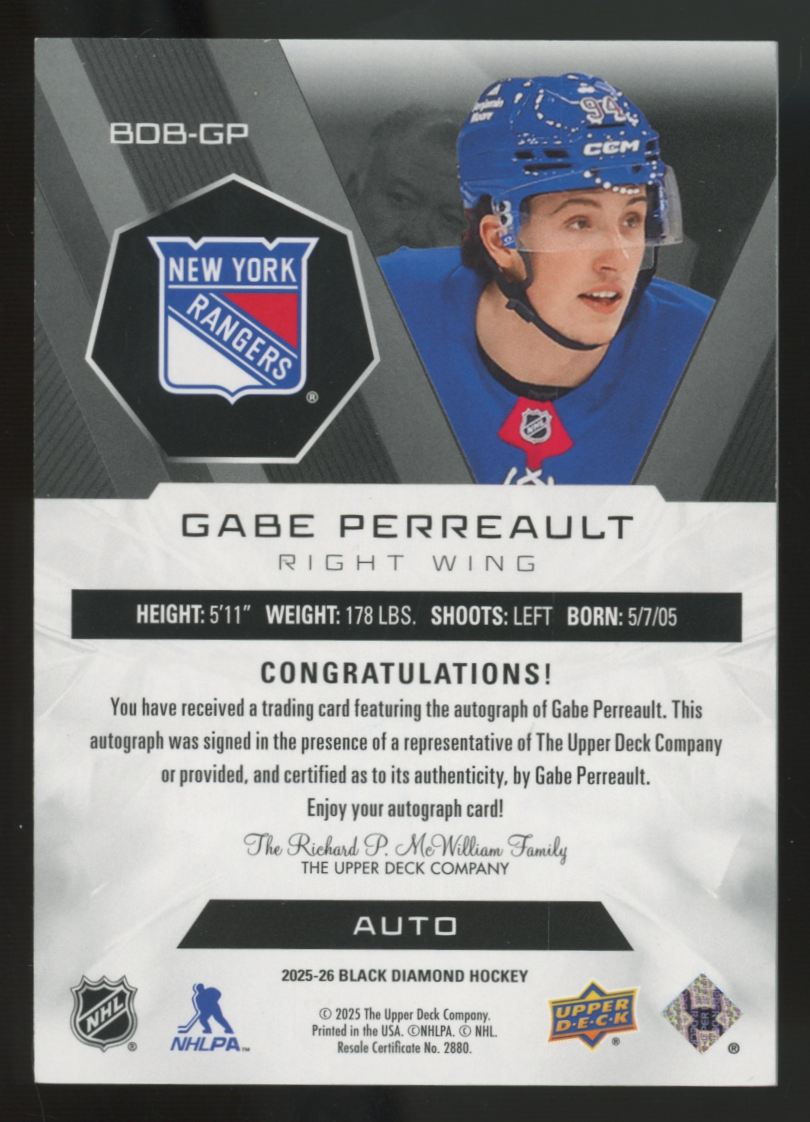 2025-26 Upper Deck Black Diamond Gabe Perreault RC Auto /49 #BDB-GP