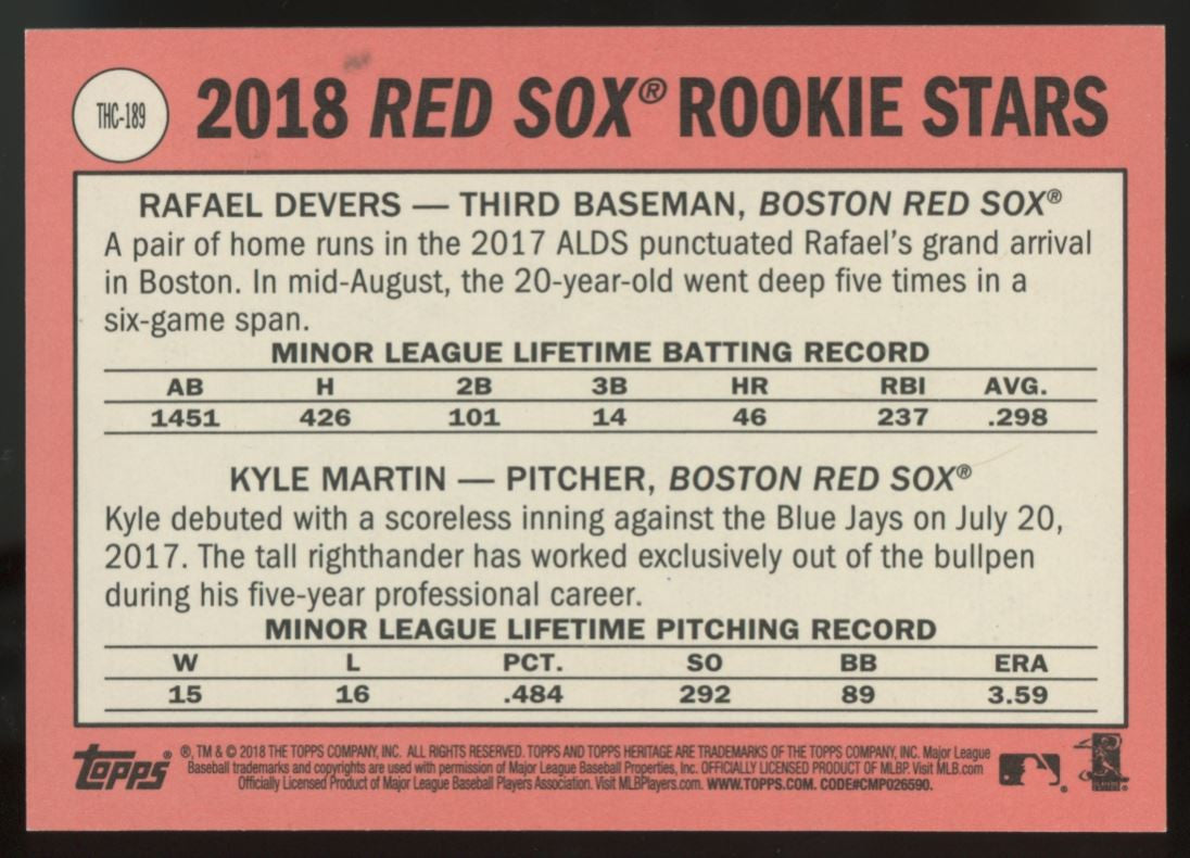 2018 Topps Heritage Rafael Devers Kyle Martin RC Purple Refractor #THC-189