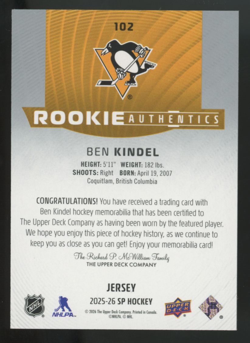 2025-26 Upper Deck SP Ben Kindel RC Authentics Patch #102