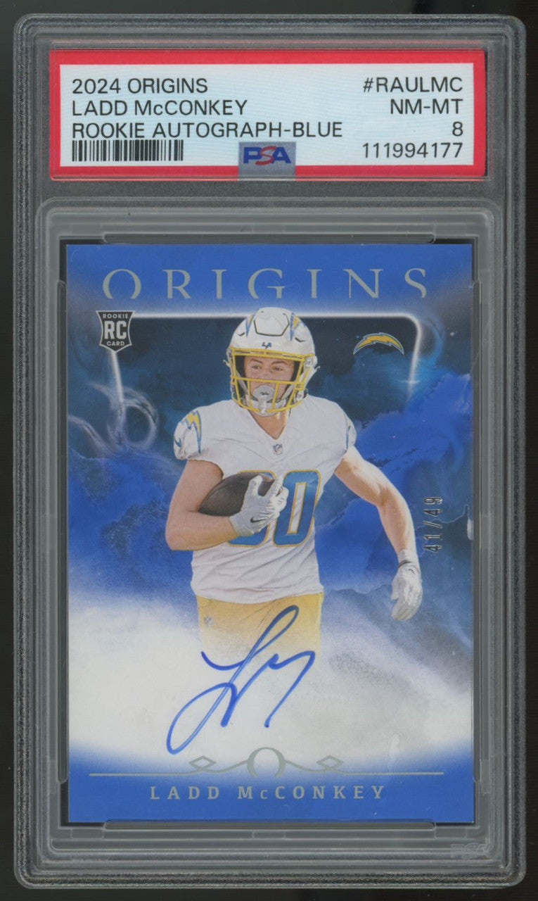 2024 Panini Origins Ladd McConkey RC Blue Auto /49 #RAU-LMC PSA 8