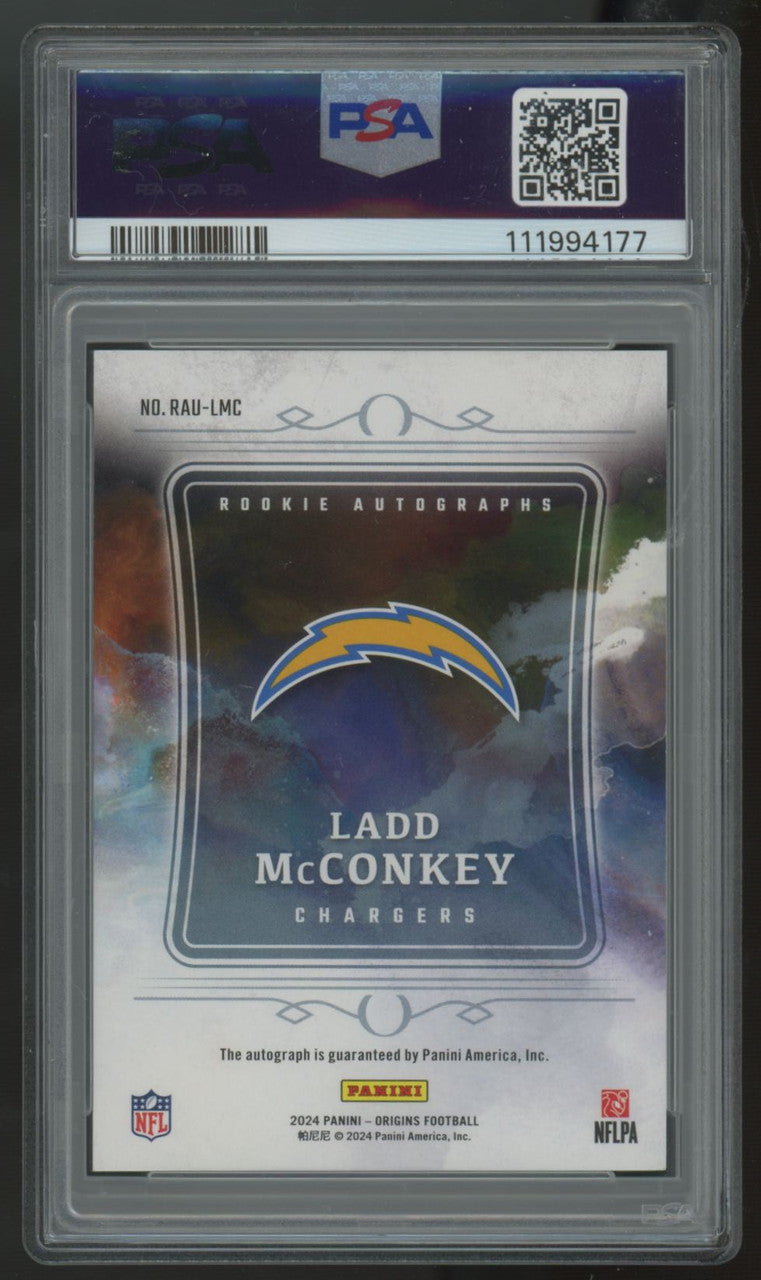 2024 Panini Origins Ladd McConkey RC Blue Auto /49 #RAU-LMC PSA 8
