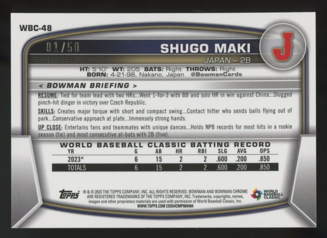 2023 Bowman Chrome Shugo Maki Gold WBC Flag Refractor /50 #WBC-48