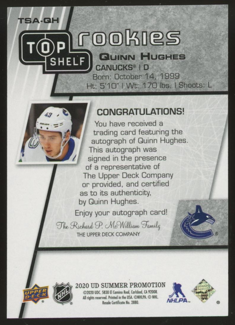 2020 Upper Deck Summer Promotion Quinn Hughes Top Shelf RC Auto /75 #TSA-QH