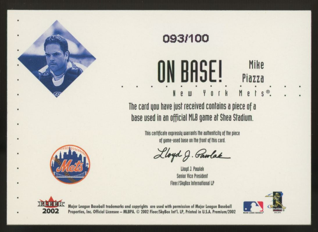 2002 Fleer Premium Mike Piazza On Base! Game-Used Base /100