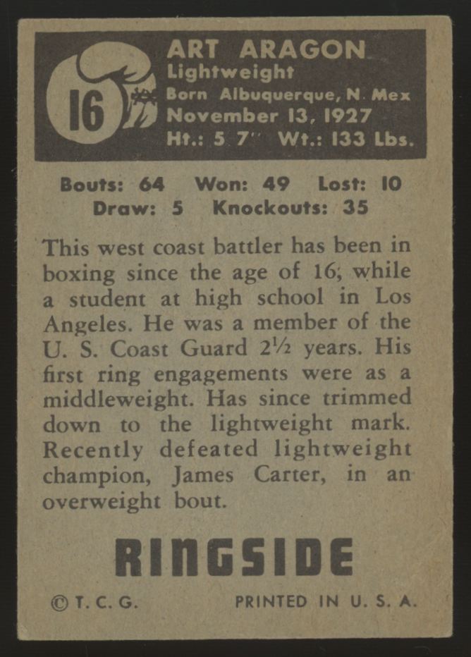 1951 Topps Ringside Art Aragon #16 VG/EX