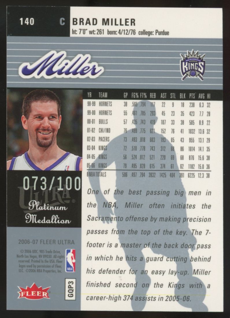 2006-07 Fleer Ultra Brad Miller Platinum Medallion /100 #140