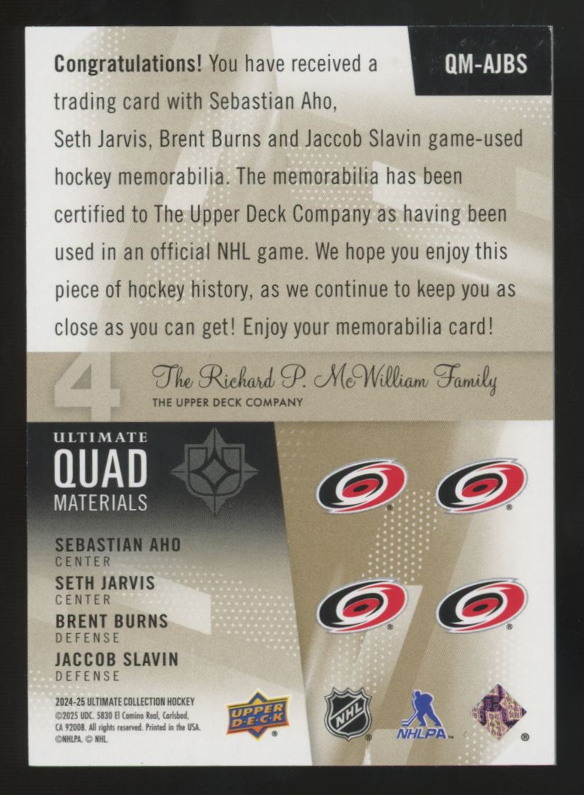 2024-25 UD Ultimate Aho/Jarvis/Burns/Slavin Parallel Quad Patch /49 #QM-AJBS