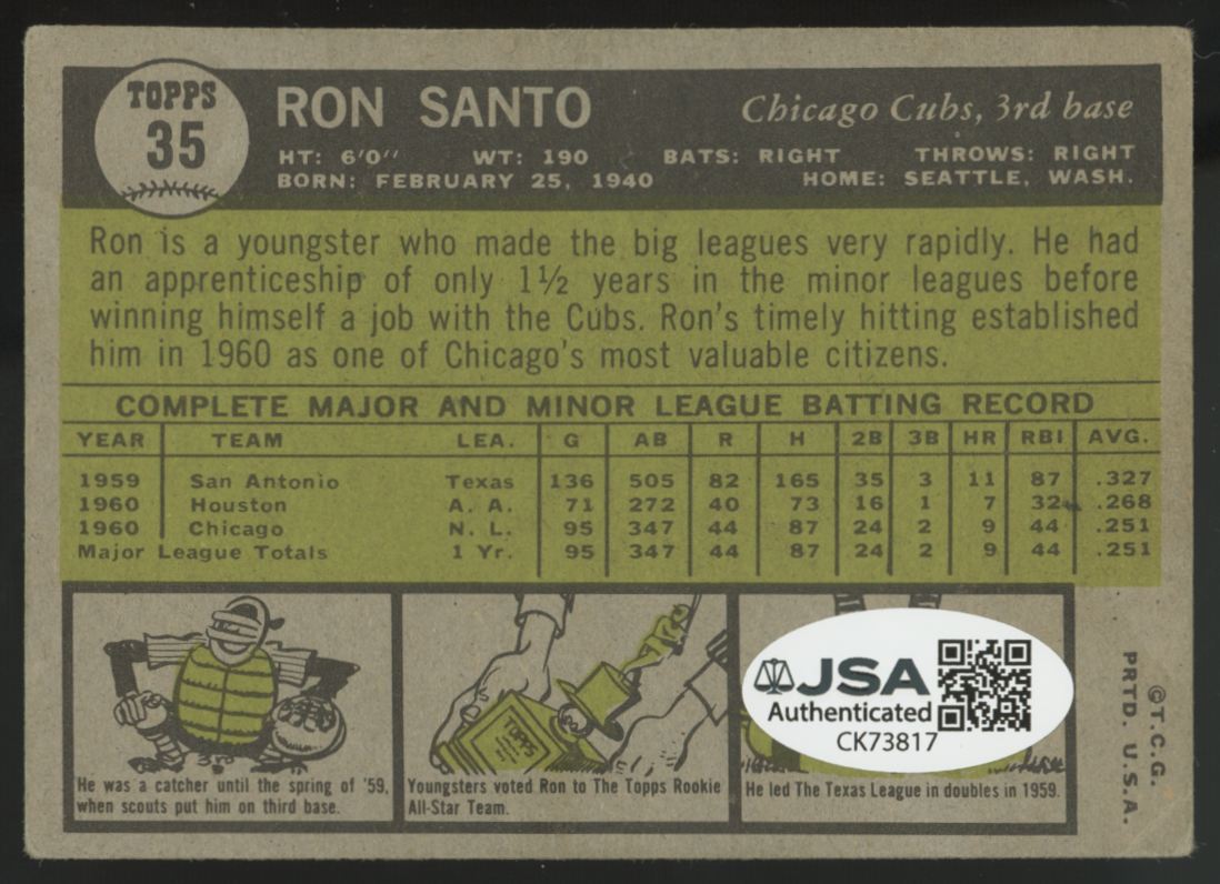 1961 Topps Ron Santo RC Signed Auto #35 JSA Authentic