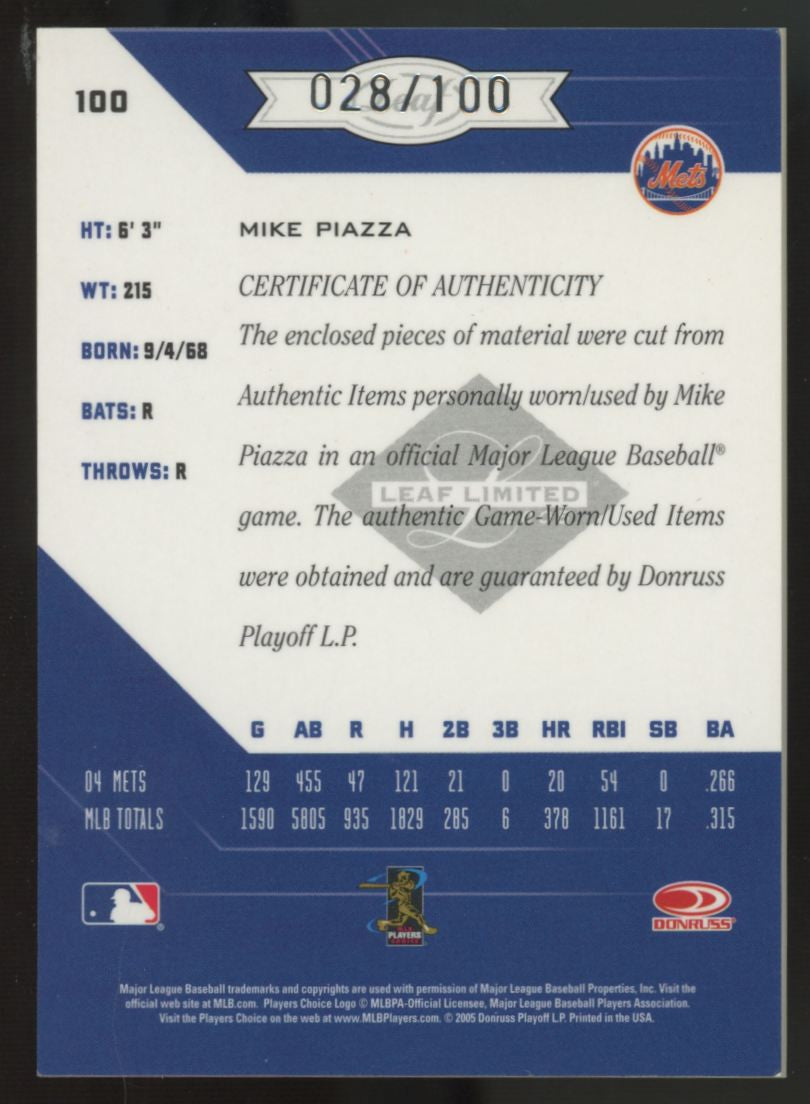 2005 Leaf Limited Mike Piazza TNT Prime Dual Patch /100 #100