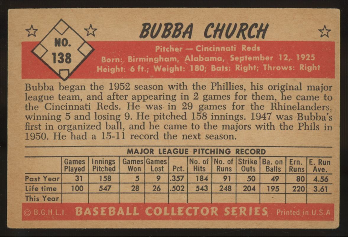 1953 Bowman Bubba Church #138 VG/EX