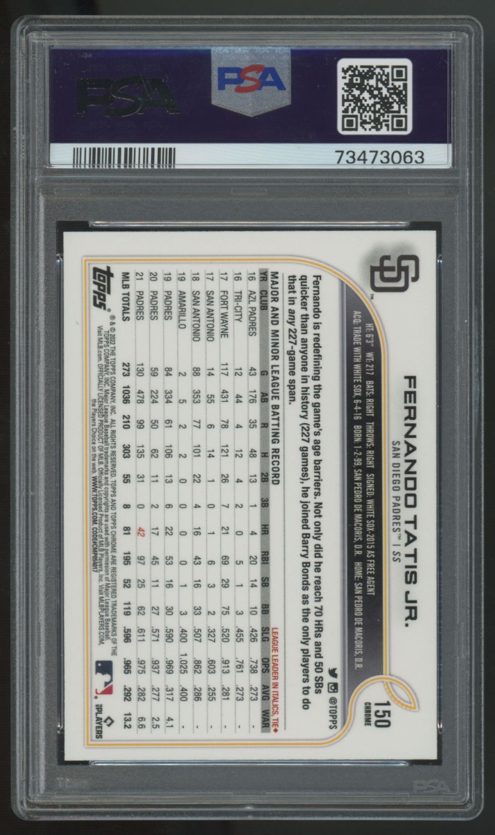 2022 Topps Chrome Fernando Tatis Jr. SP #150 PSA 10
