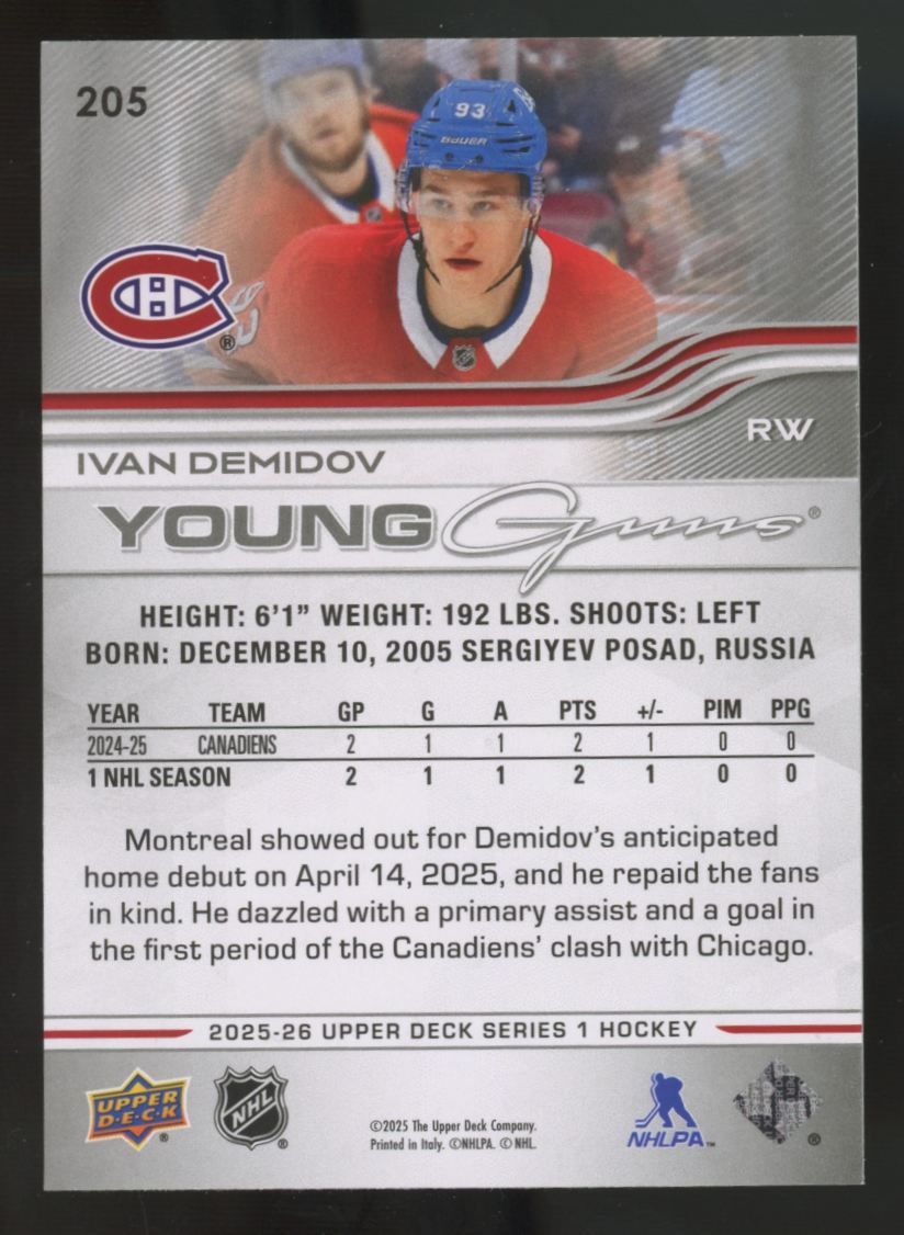 2025-26 Upper Deck Series One Ivan Demidov RC Young Guns #205 "A"