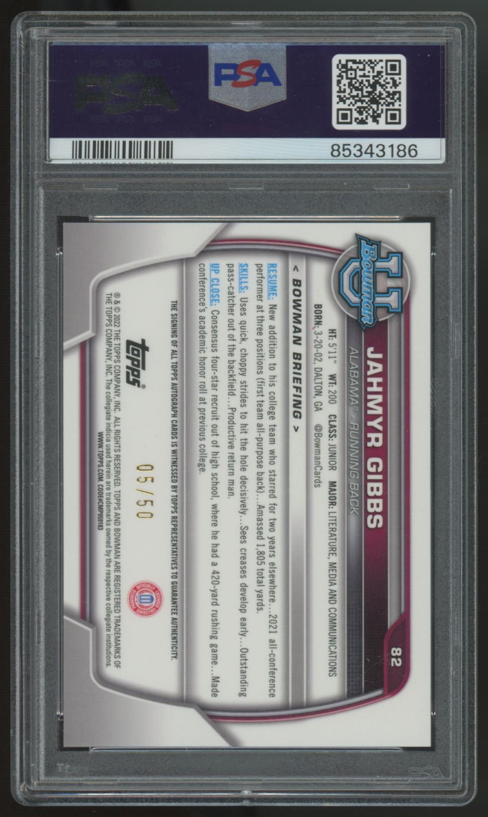 2022 Bowman U Chrome Jahmyr Gibbs 1st Refractor Auto Gold /50 #82 PSA 10