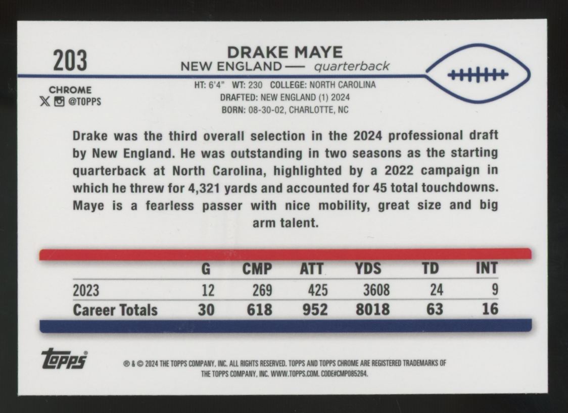 2024 Topps Chrome Drake Maye RC Sepia Refractor #203