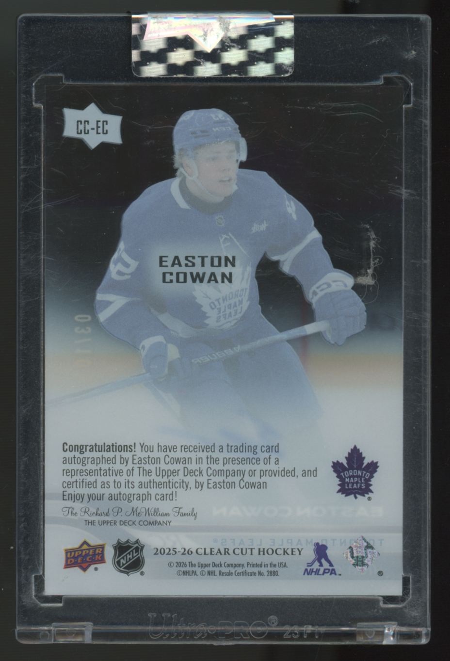 2025-26 Upper Deck Clear Cut Easton Cowan RC Auto Gold /10 #CC-EC