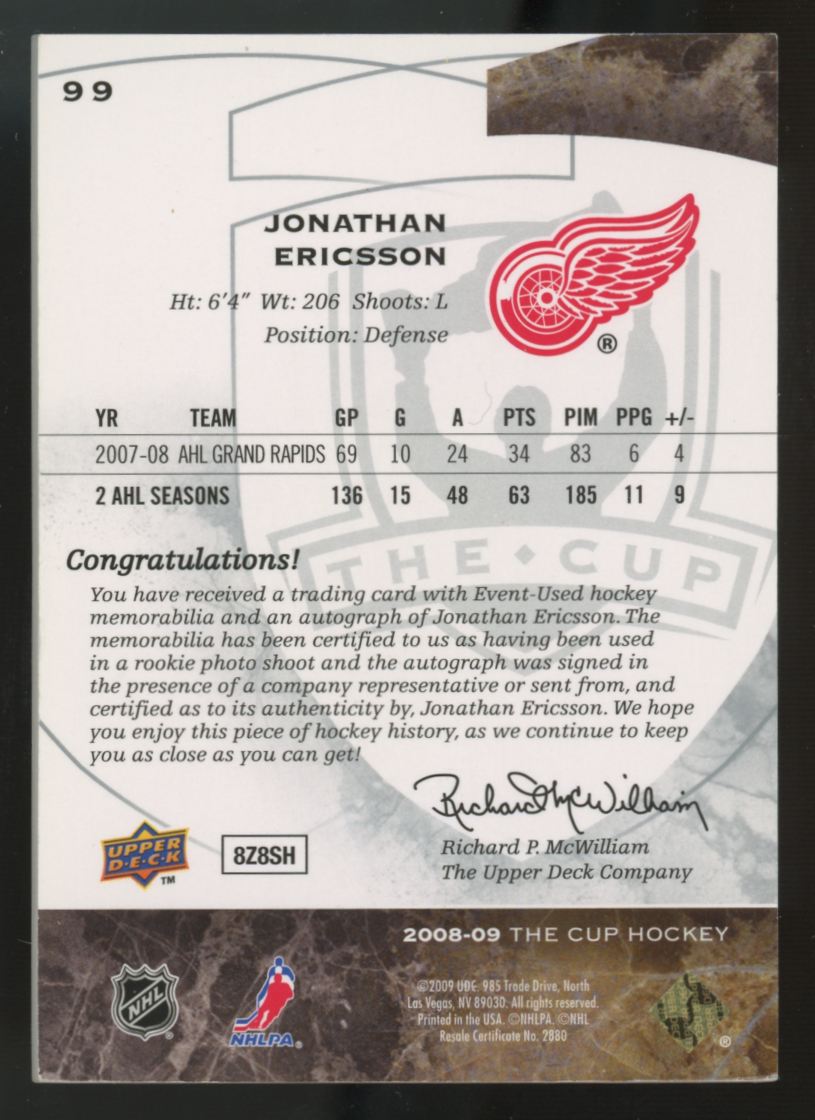 2008-09 Upper Deck The Cup Jonathan Ericsson RC Patch Auto RPA /249 #99