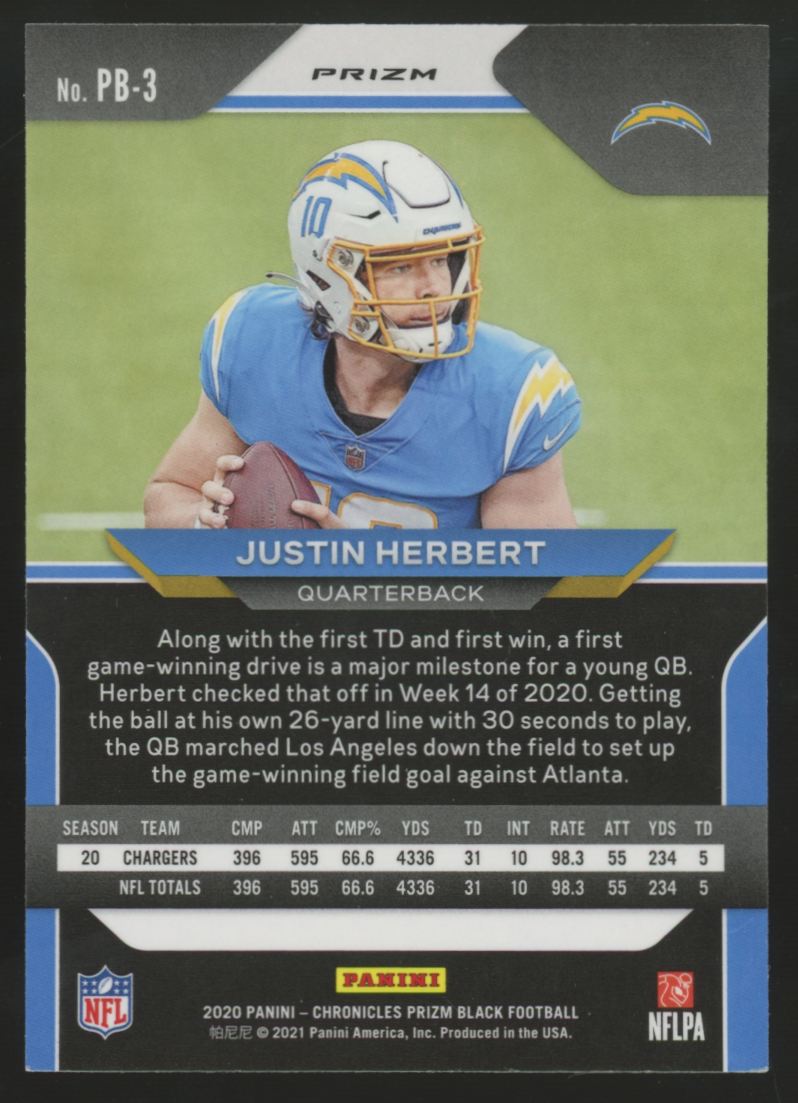 2020 Panini Prizm Black Justin Herbert RC Silver #PB-3