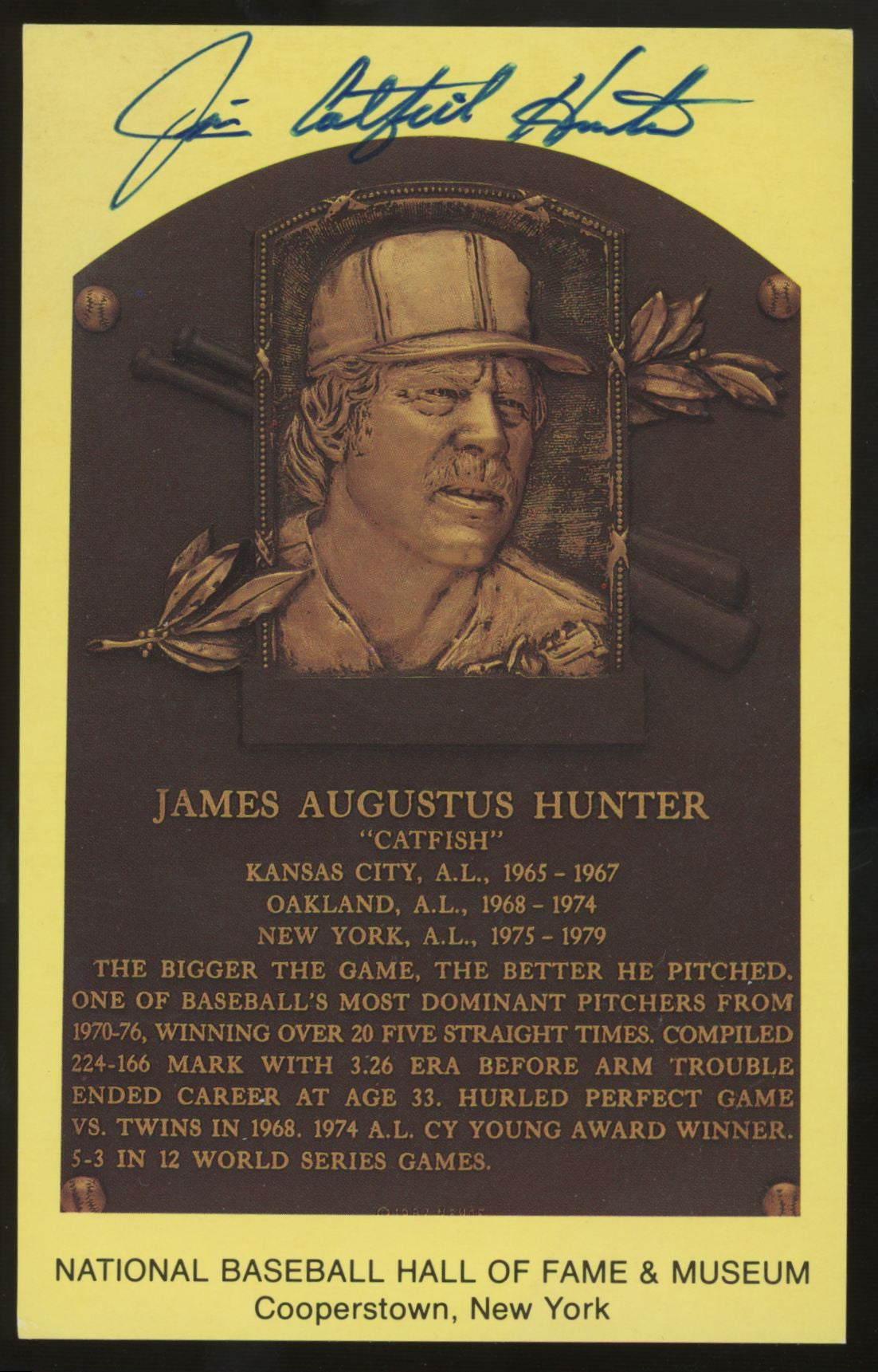 1987 Catfish Hunter Signed Autographed HOF Plaque Post Card