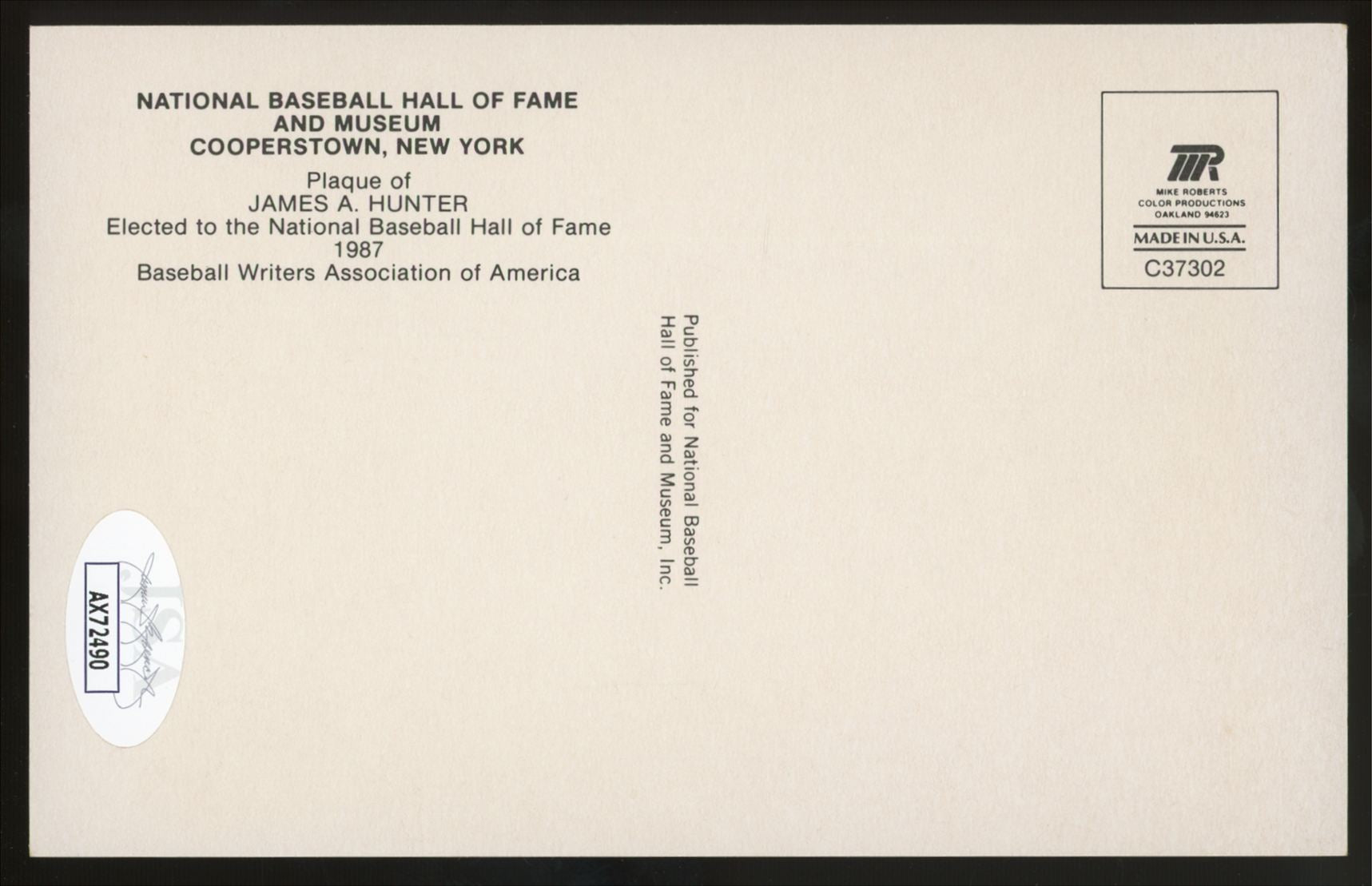 1987 Catfish Hunter Signed Autographed HOF Plaque Post Card