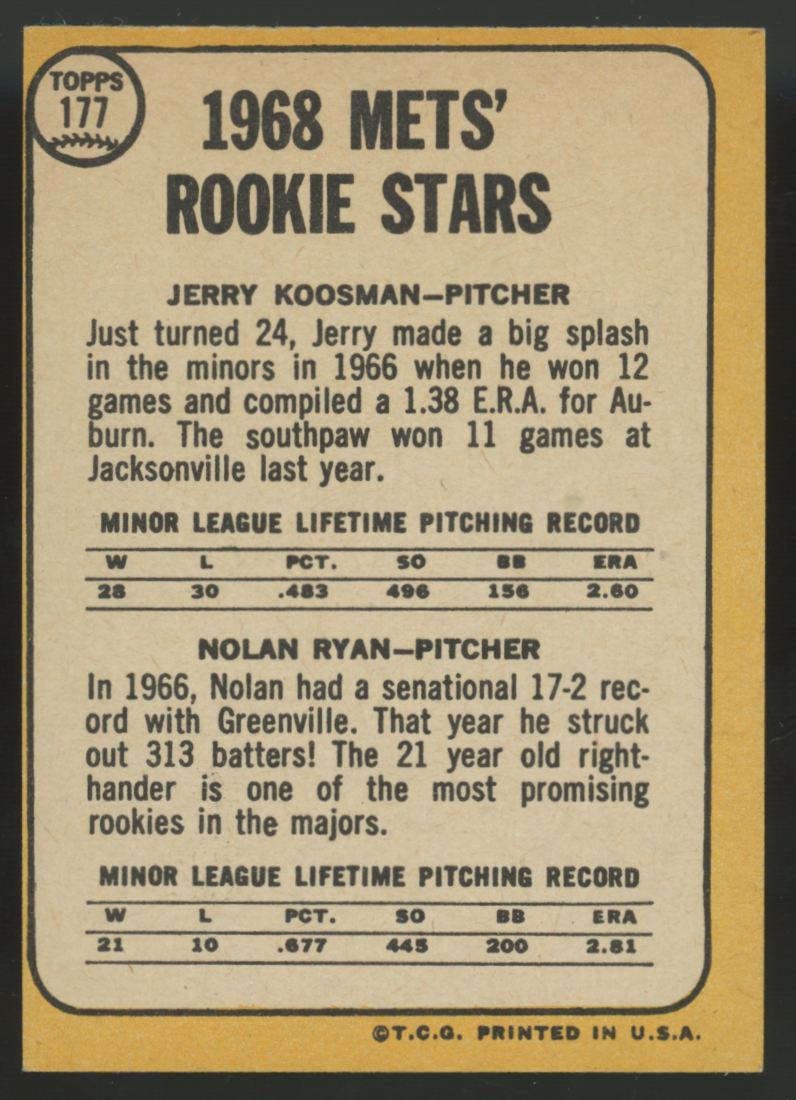 1968 Topps Jerry Koosman, Nolan Ryan RC Rookie Stars #177 VG/EX - EX