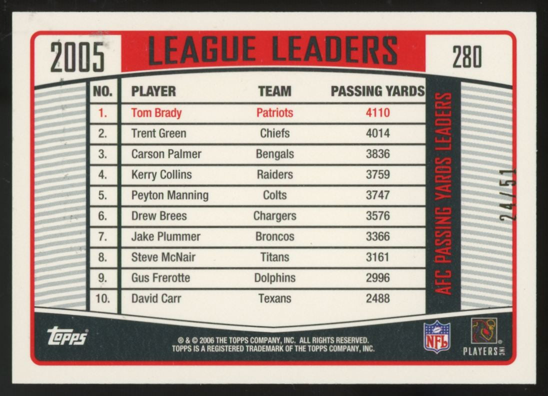 2006 Topps Tom Brady League Leaders Black Border /51 #280