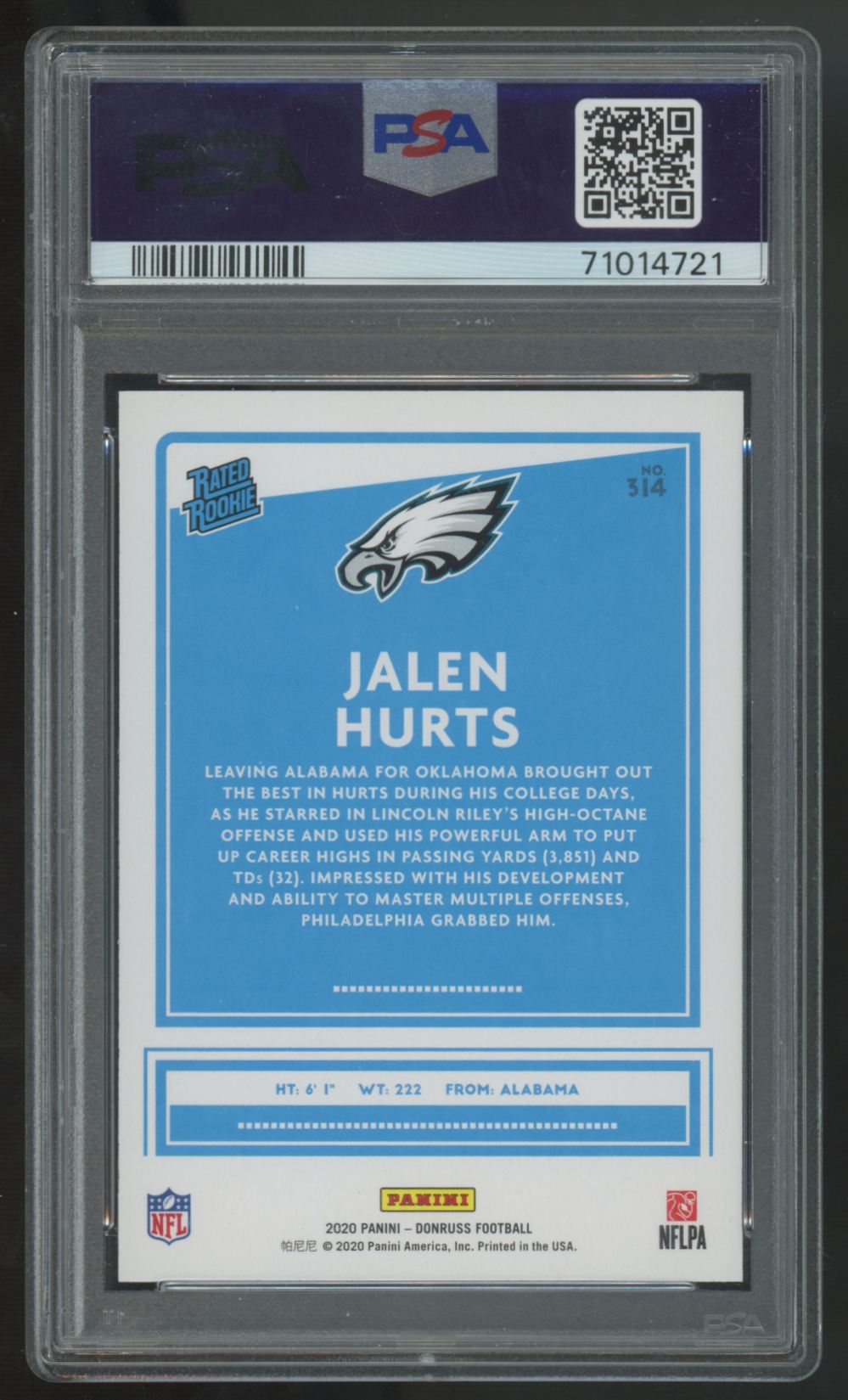 2020 Panini Donruss Jalen Hurts RC Rated Rookie Red Press Proof #314 PSA 9