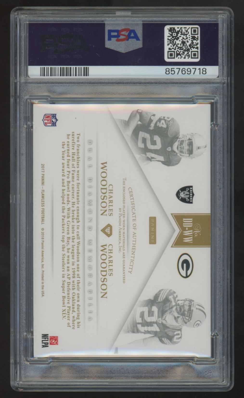 2017 Panini Flawless Charles Woodson Silver Dual Patch /15 #DD-WW PSA 8
