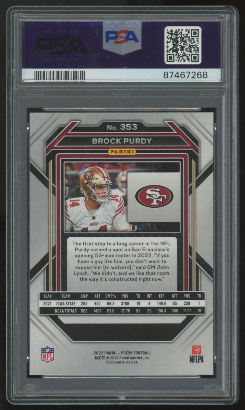 2022 Panini Prizm Brock Purdy RC #353 PSA 10 *268