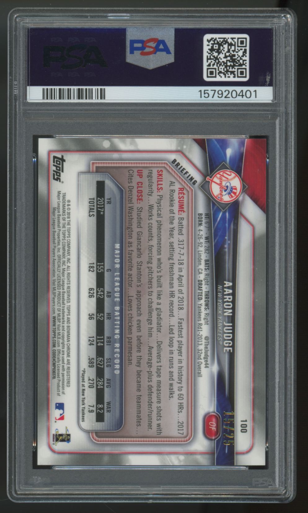 2018 Bowman Chrome Aaron Judge Orange Refractor /25 #100 PSA 10