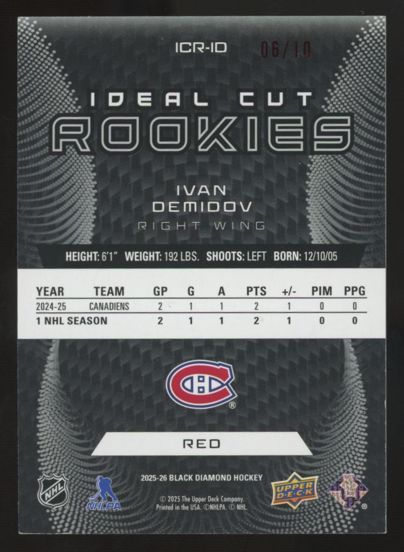 2025-26 Upper Deck Black Diamond Ivan Demidov RC Ideal Cut Red /10 #ICR-ID