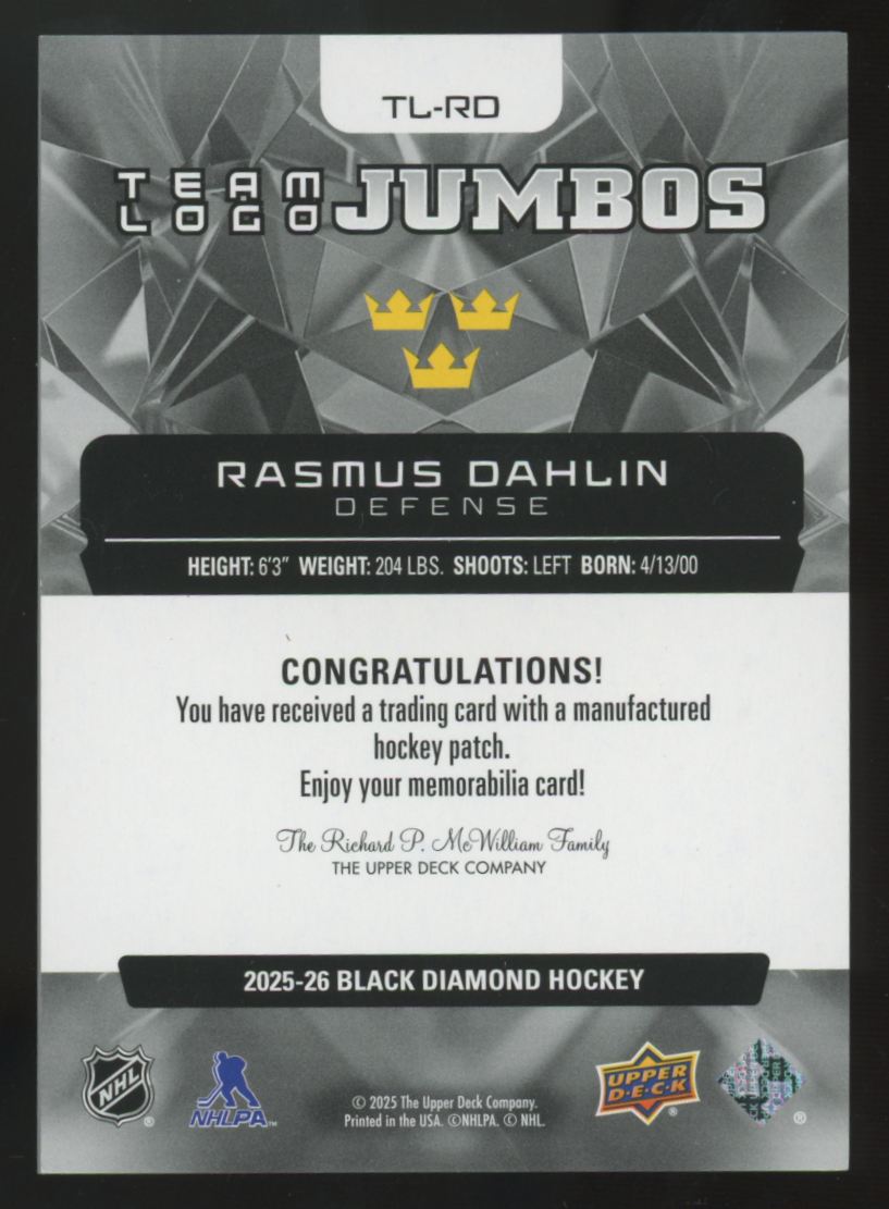 2025-26 UD Black Diamond Rasmus Dahlin Gold 4-Nations Team Logo Jumbo Patch /15