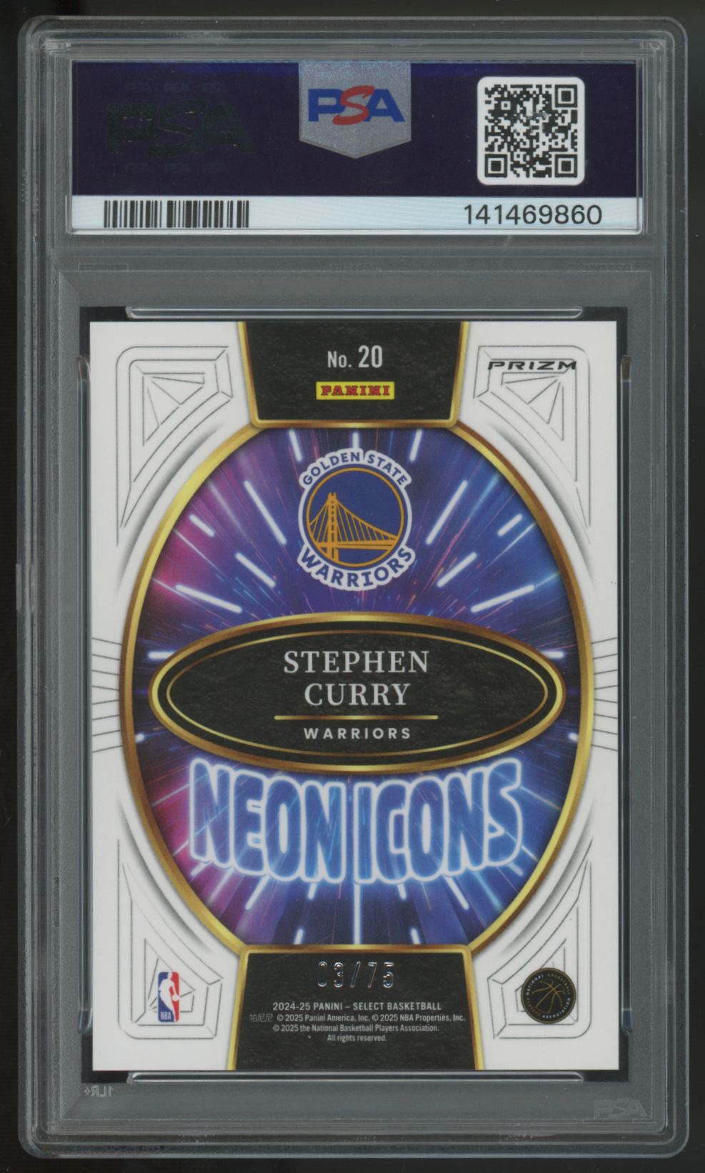 2024-25 Select Stephen Curry Purple Cracked Ice Neon Icons /75 #20 PSA 9