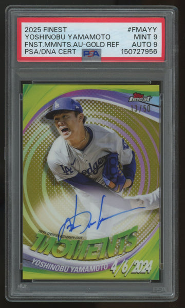 2025 Topps Finest Yoshinobu Yamamoto Moments Gold Refractor Auto /50 PSA 9 9