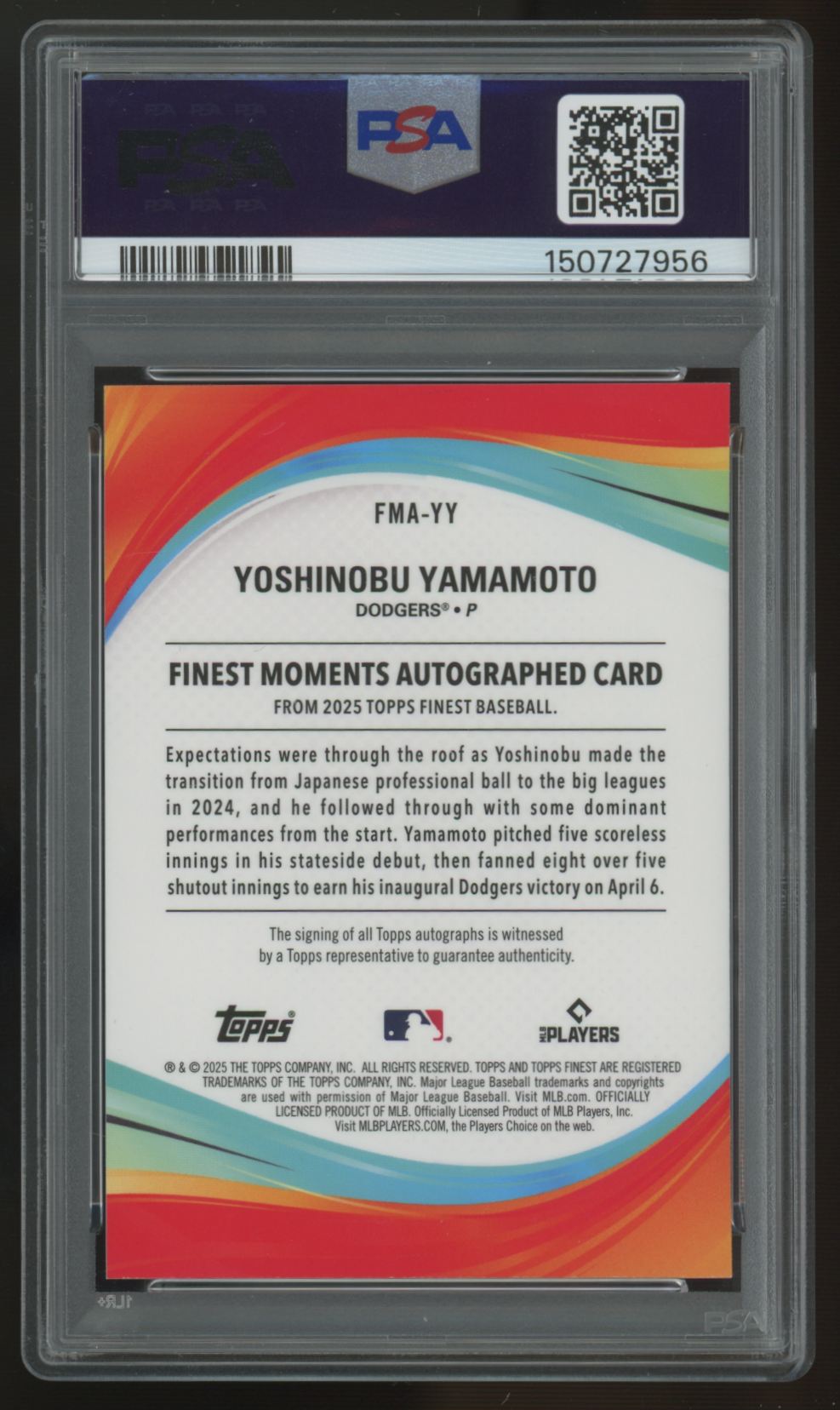 2025 Topps Finest Yoshinobu Yamamoto Moments Gold Refractor Auto /50 PSA 9 9