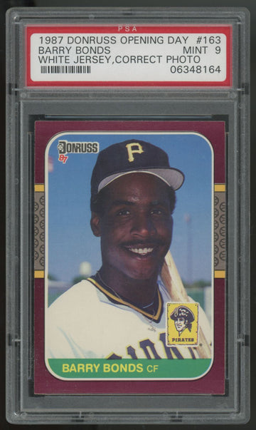 1987 Donruss Opening Day Barry Bonds RC White Jersey Correct Photo #163 PSA 9