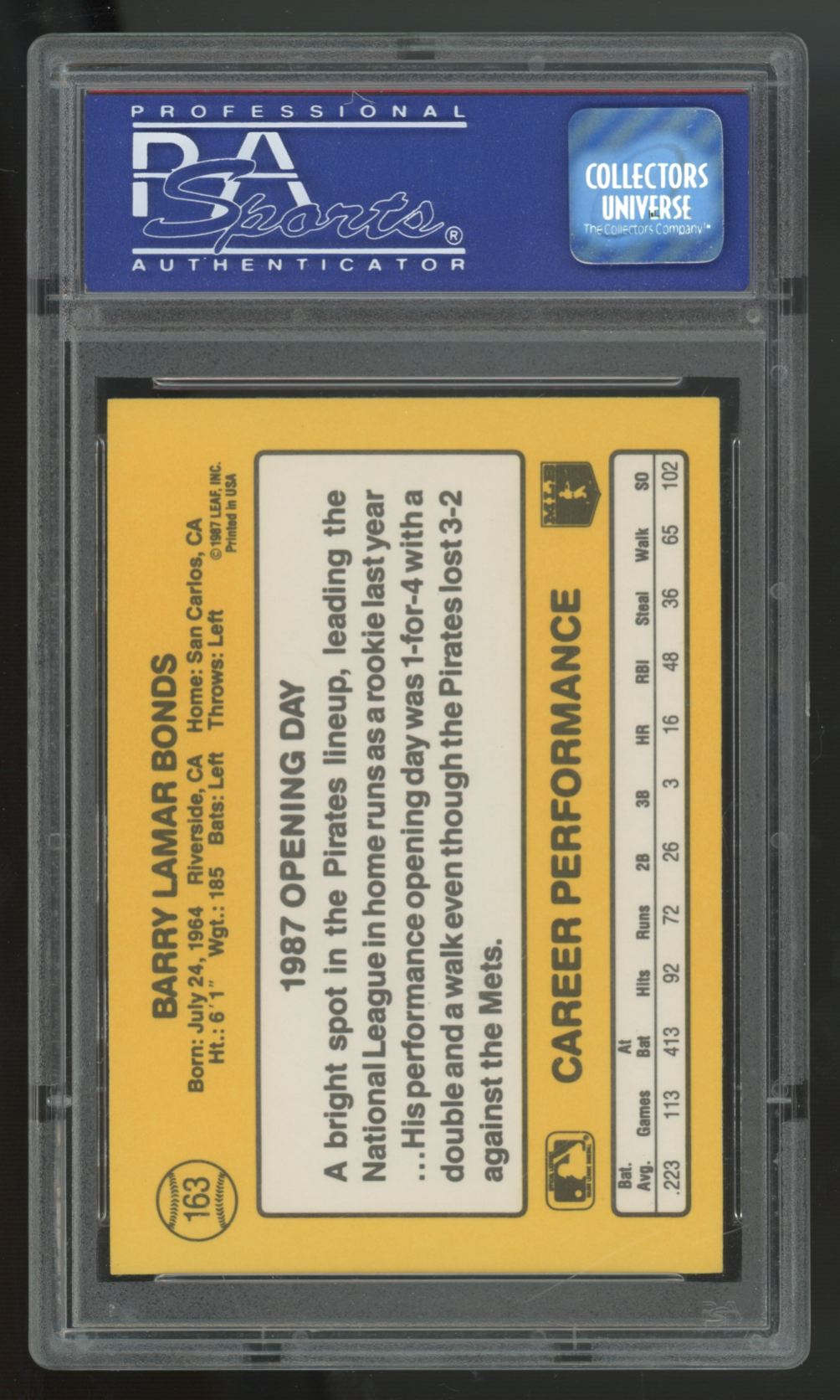 1987 Donruss Opening Day Barry Bonds RC White Jersey Correct Photo #163 PSA 9