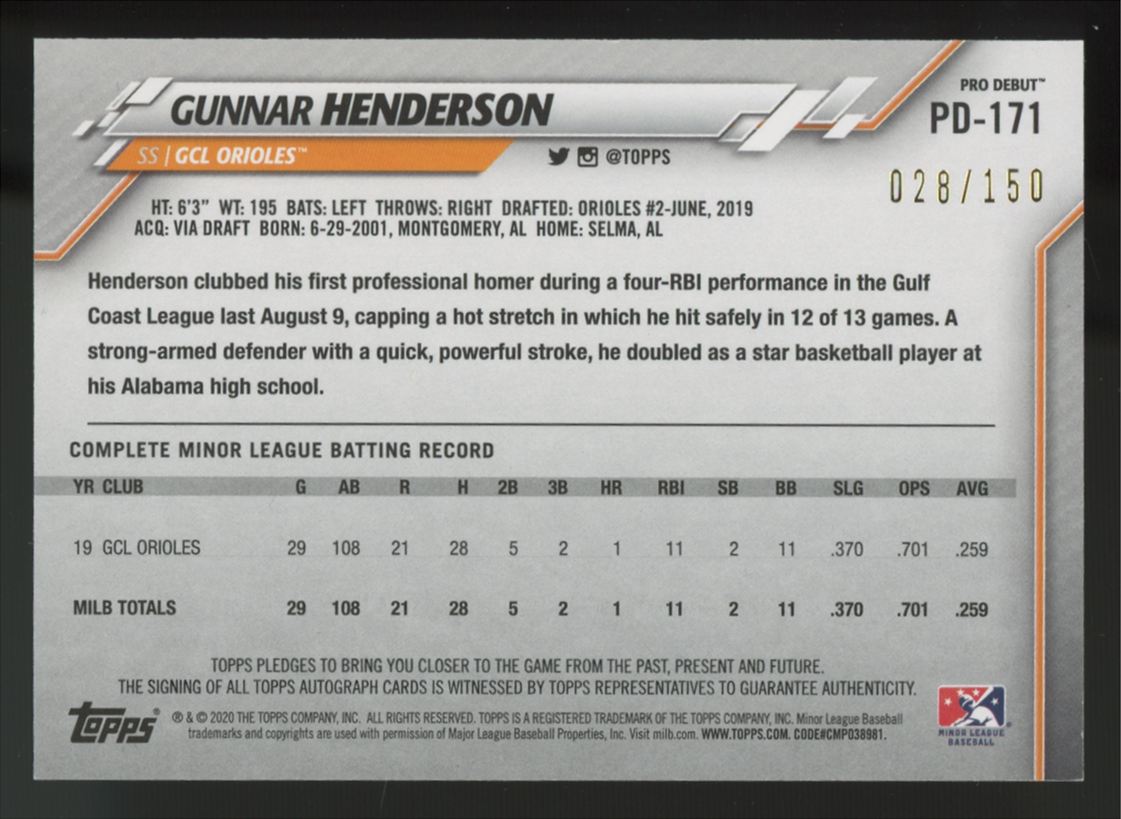 2020 Topps Pro Debut Gunnar Henderson Blue Auto /150 #PD-171