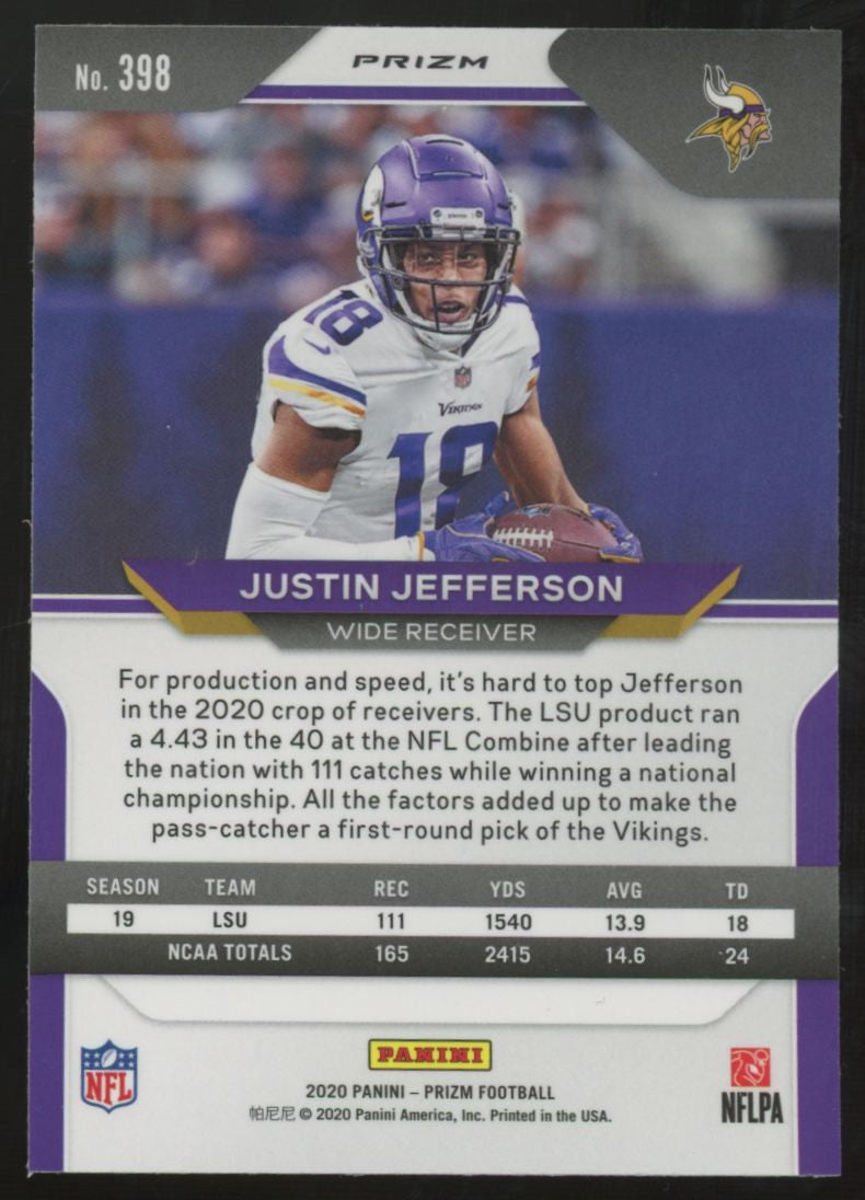 2020 Panini Prizm Justin Jefferson RC Orange Lazer #398