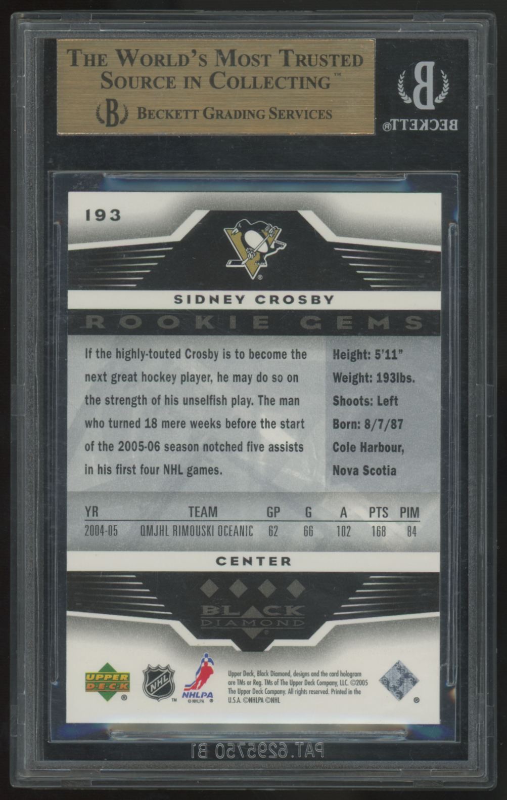 2005-06 Upper Deck Black Diamond Sidney Crosby RC Rookie Gems #193 BGS 9.5