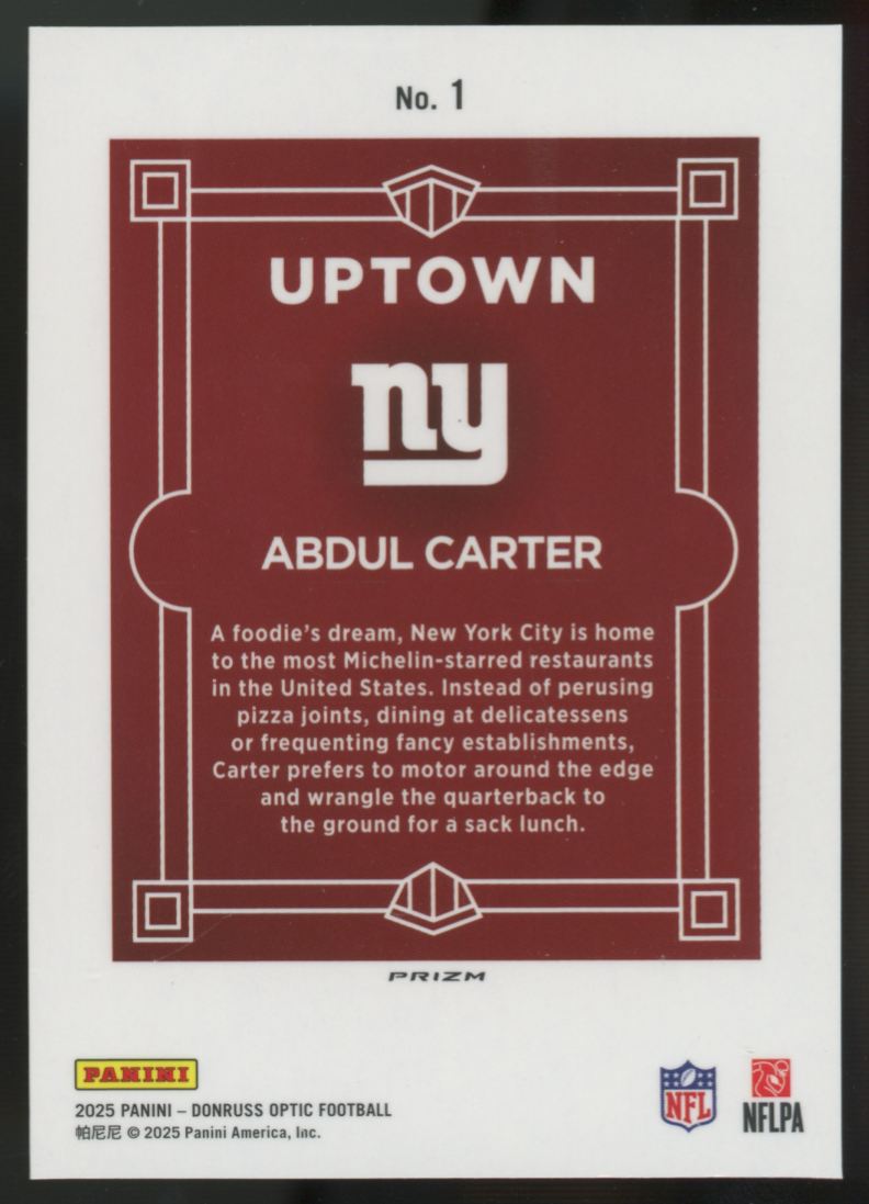 2025 Panini Donruss Optic Abdul Carter RC Uptown Prizm SSP #1