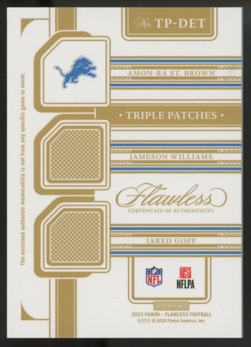 2023 Flawless Amon-Ra St. Brown/Jared Goff/Jameson Williams Triple Patch /25