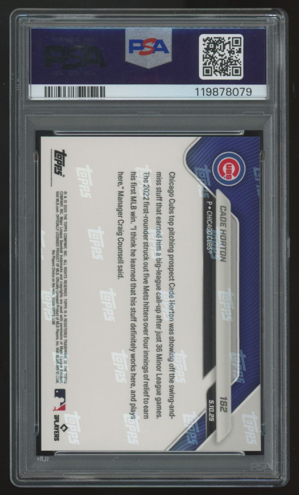 2025 Topps Now Cade Horton RC Debut Win #162 PSA 10