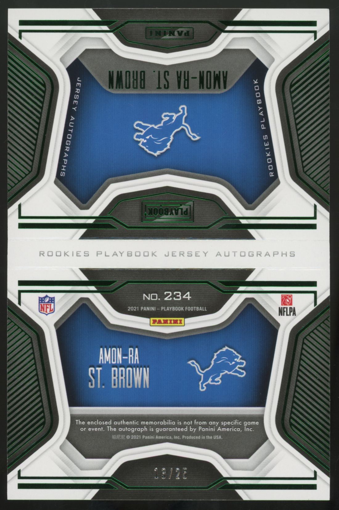 2021 Playbook Amon-Ra St. Brown RC Green Patch Auto Booklet RPA /25 #234 "C"