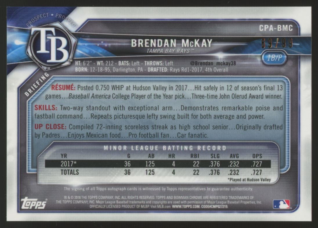 2018 Bowman Chrome Brendan McKay Auto Green /99 #CPA-BMC